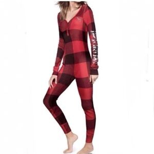 Victoria’s Secret PINK Buffalo Plaid Check Long Johns Onesie Pajamas Size Small